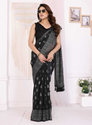 Elegant Georgette Silk Foil Work Saree with Zalar Lace Border Black-TA1113