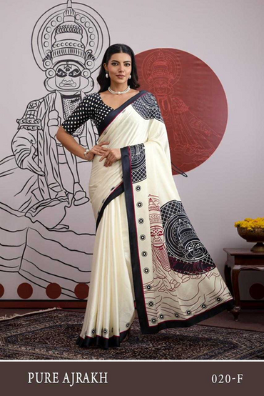Elegant Kerala Modal Satin Ajrakh Print Saree Black-TA1115