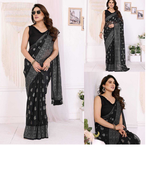 Elegant Georgette Silk Foil Work Saree with Zalar Lace Border Black-TA1113