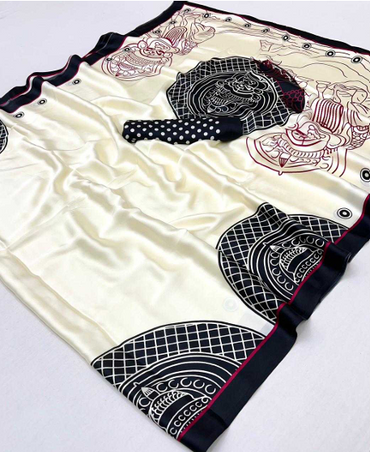 Elegant Kerala Modal Satin Ajrakh Print Saree Black-TA1115