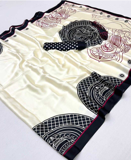 Elegant Kerala Modal Satin Ajrakh Print Saree Black-TA1115