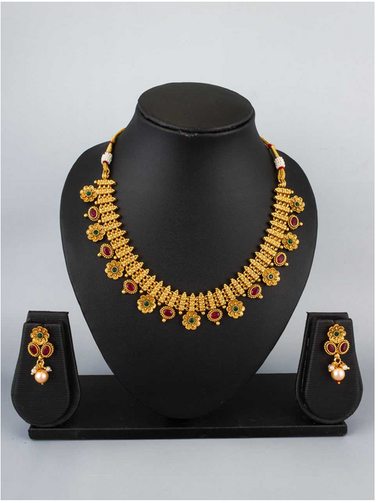 Elegant Golden Necklace Set with Red Stones -TA1117