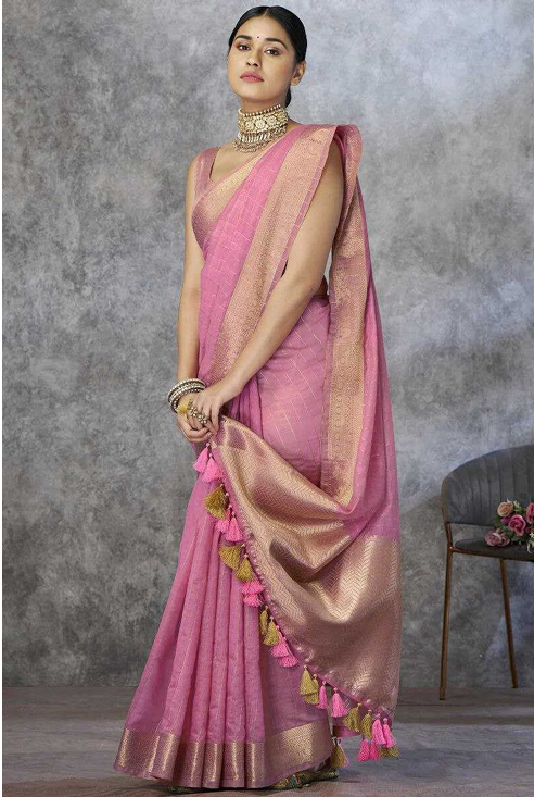 Pure Handloom Khadi Cotton Saree with Rich Pallu & Tassel Detailing Light Pink-TA1119