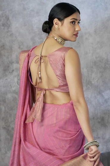 Pure Handloom Khadi Cotton Saree with Rich Pallu & Tassel Detailing Light Pink-TA1119