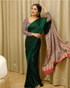 Printed Ajrakh Satin Saree with Contrast Blouse Dark Green-TA1121
