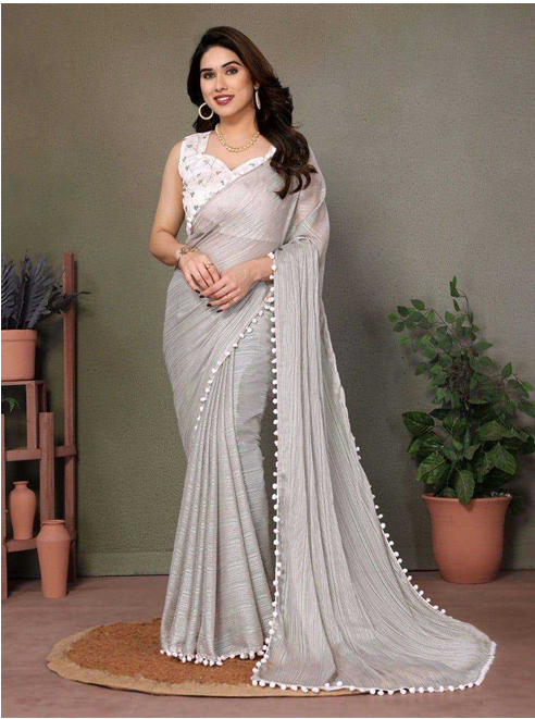 Elegant Polyester Zari Saree with Embroidered Blouse & Pom-Pom Lace Border Grey-TA1120