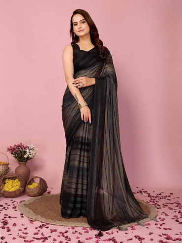 Ready To Wear Party Saree – Soft Nylon Rimzim Saree Black-TA1122