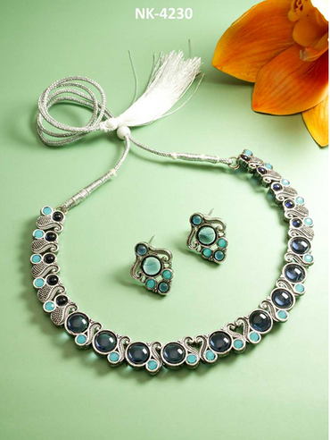 Brass Green & Red Necklace Set with Matching Earrings-TA1128