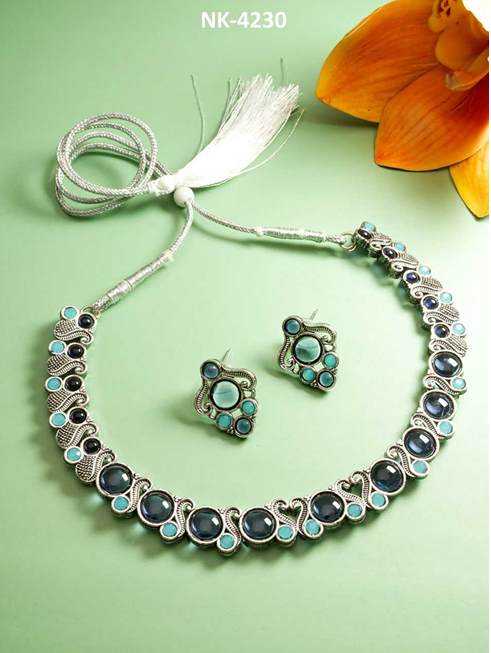 Brass Green & Red Necklace Set with Matching Earrings-TA1128