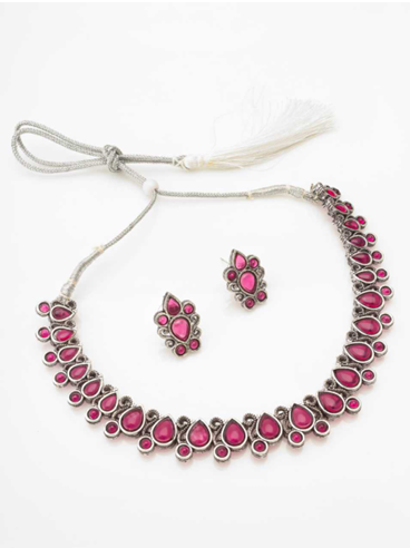 Green & Red Brass Necklace Set with Earrings-TA1129