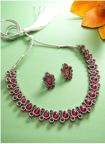 Green & Red Brass Necklace Set with Earrings-TA1129