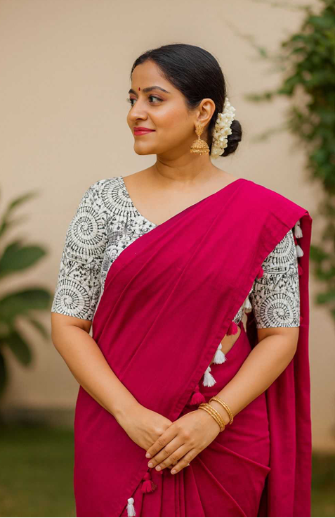 Aiwa Mul Kashmiri Cotton Saree with Kalamkari Print and Latkan Detailing-TA1026