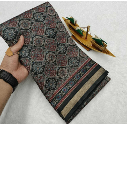 Aiwa Soft Jaipuri Mul Cotton Ajrakh Saree with Zari Border & Designer Pallu Black-TA1053