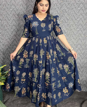 Aiwa Navy Floral Tiered Midi Dress: Comfort-Fit Cotton-TA1134