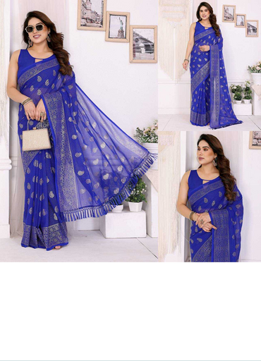 Elegant Georgette Silk Foil Work Saree with Zalar Lace Border Blue-TA1114