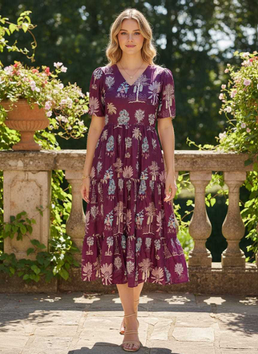 Aiwa Navy Floral Tiered Midi Dress: Comfort-Fit Cotton-TA1134