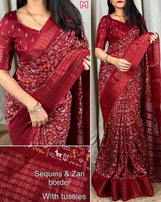 Aiwa Soft Cotton Kalamkari Print Saree with Sequin &amp; Zari Border-TA1025